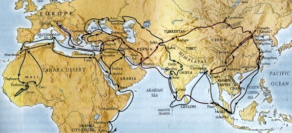 A map of Marco Polo and Ibn Batutta's routes through the Old World